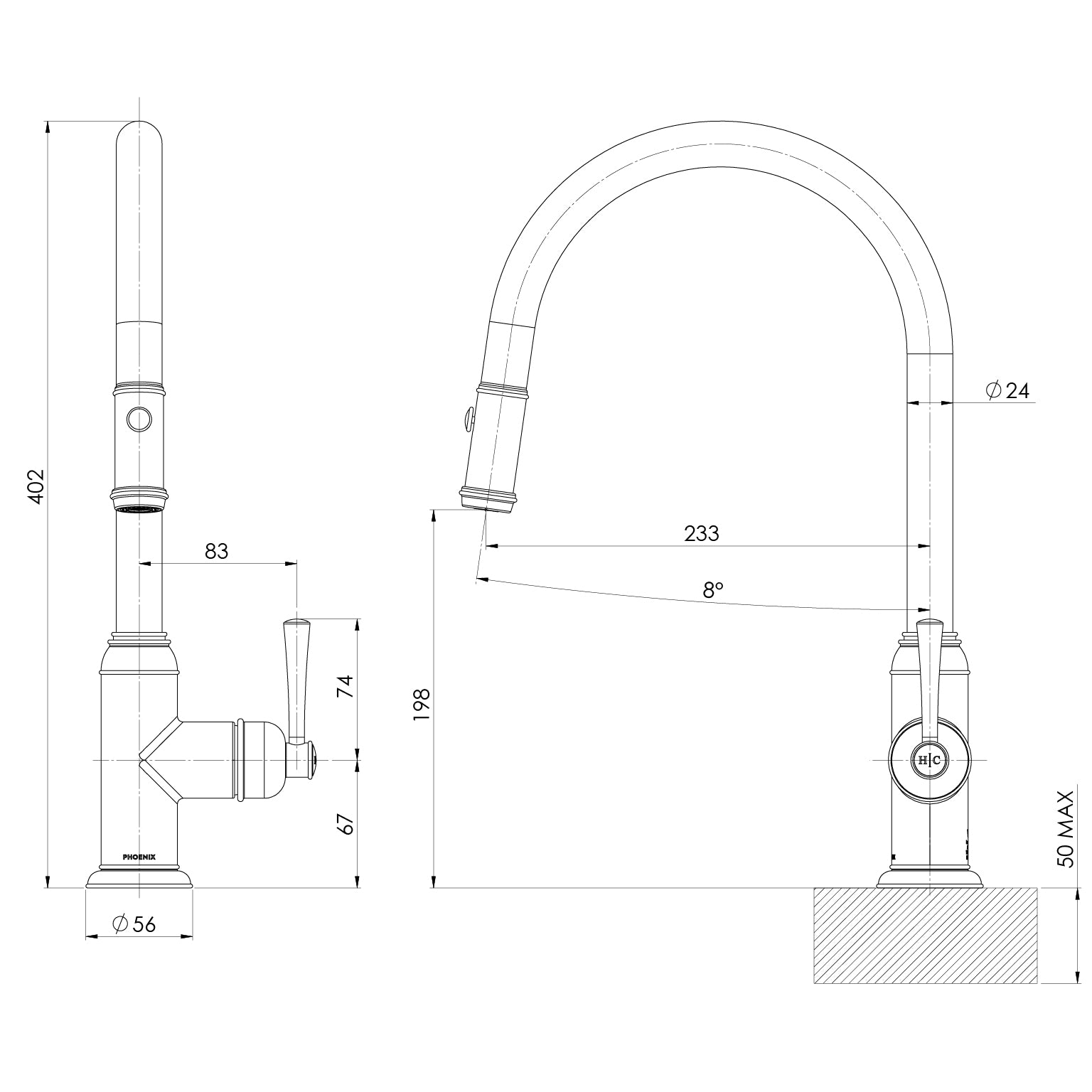 Phoenix Cromford Pull Out Sink Mixer 230mm Brushed Bronze – Lead Free