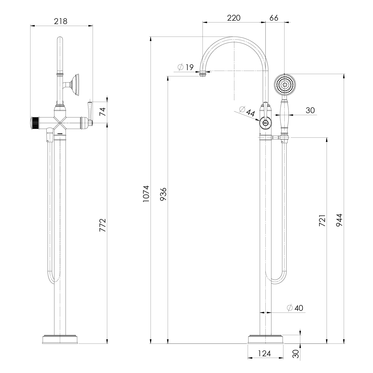 Phoenix Cromford Floor Mounted Bath Mixer with Hand Shower Brushed Bronze