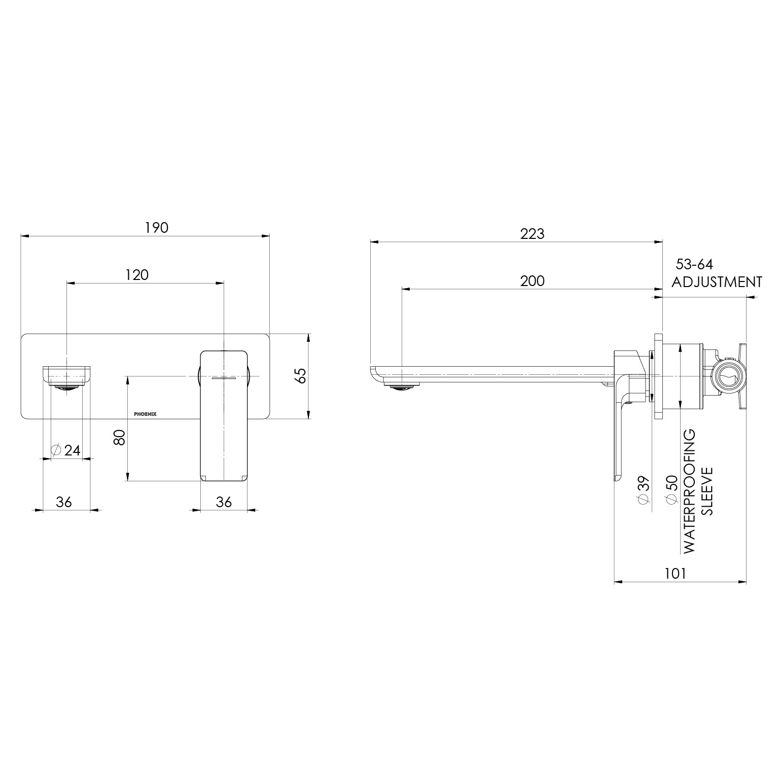 Phoenix Gloss MKII SwitchMix Wall Basin / Bath Mixer Set 200mm (Complete Kit) Matte Black