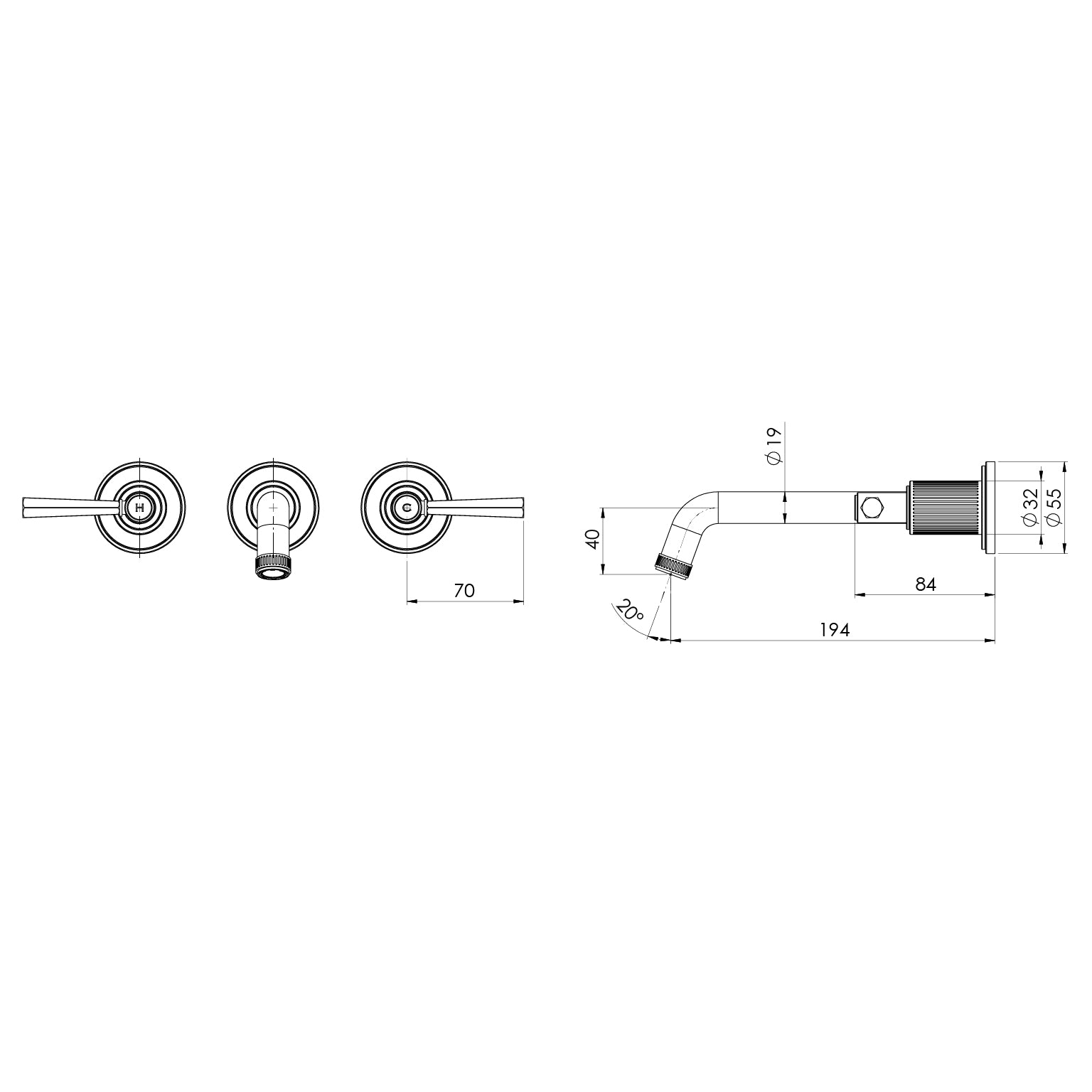 Phoenix Wiltern Wall Basin / Bath Tap Set 190mm Chrome – Lead Free