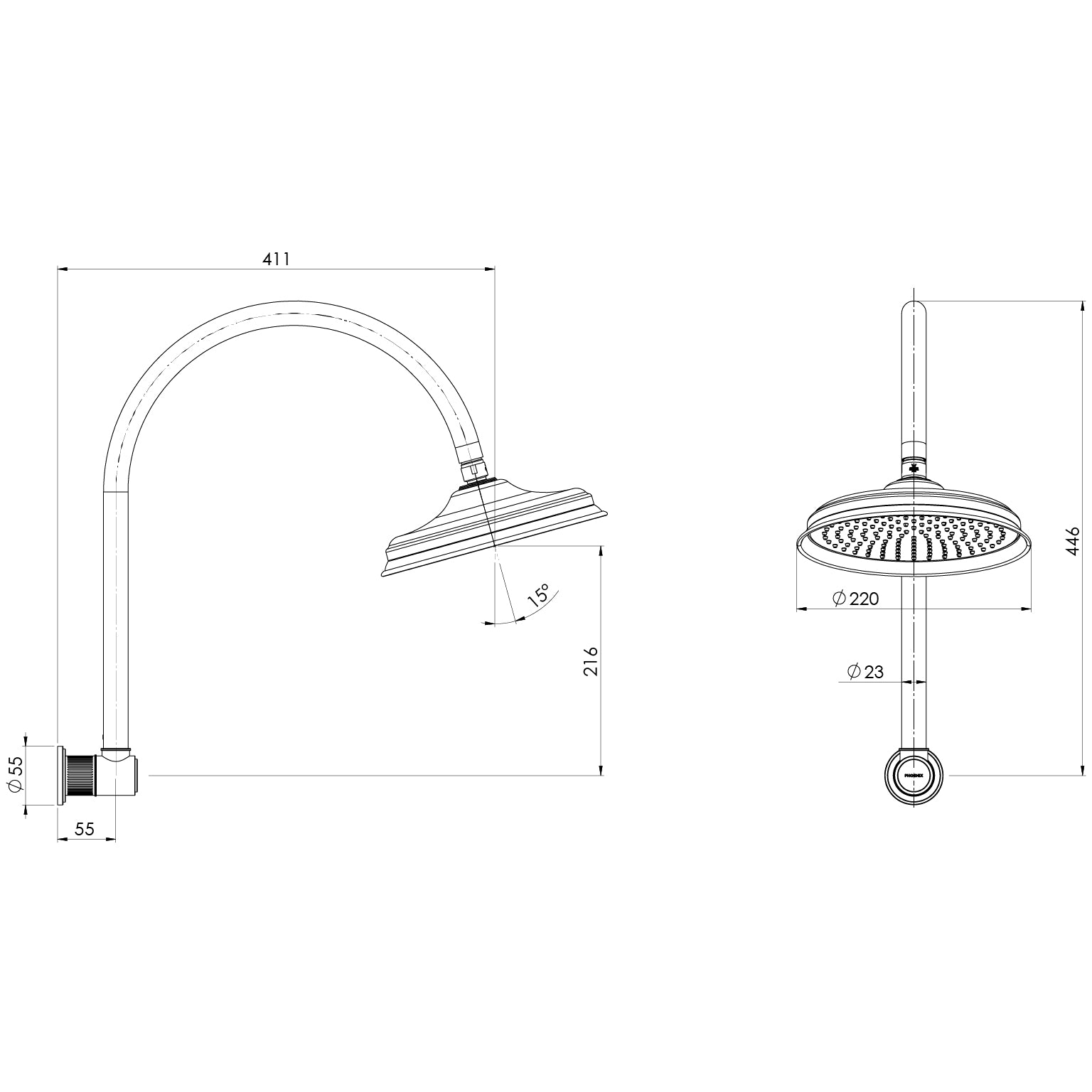 Phoenix Wiltern High-Rise Shower Arm and Rose Chrome