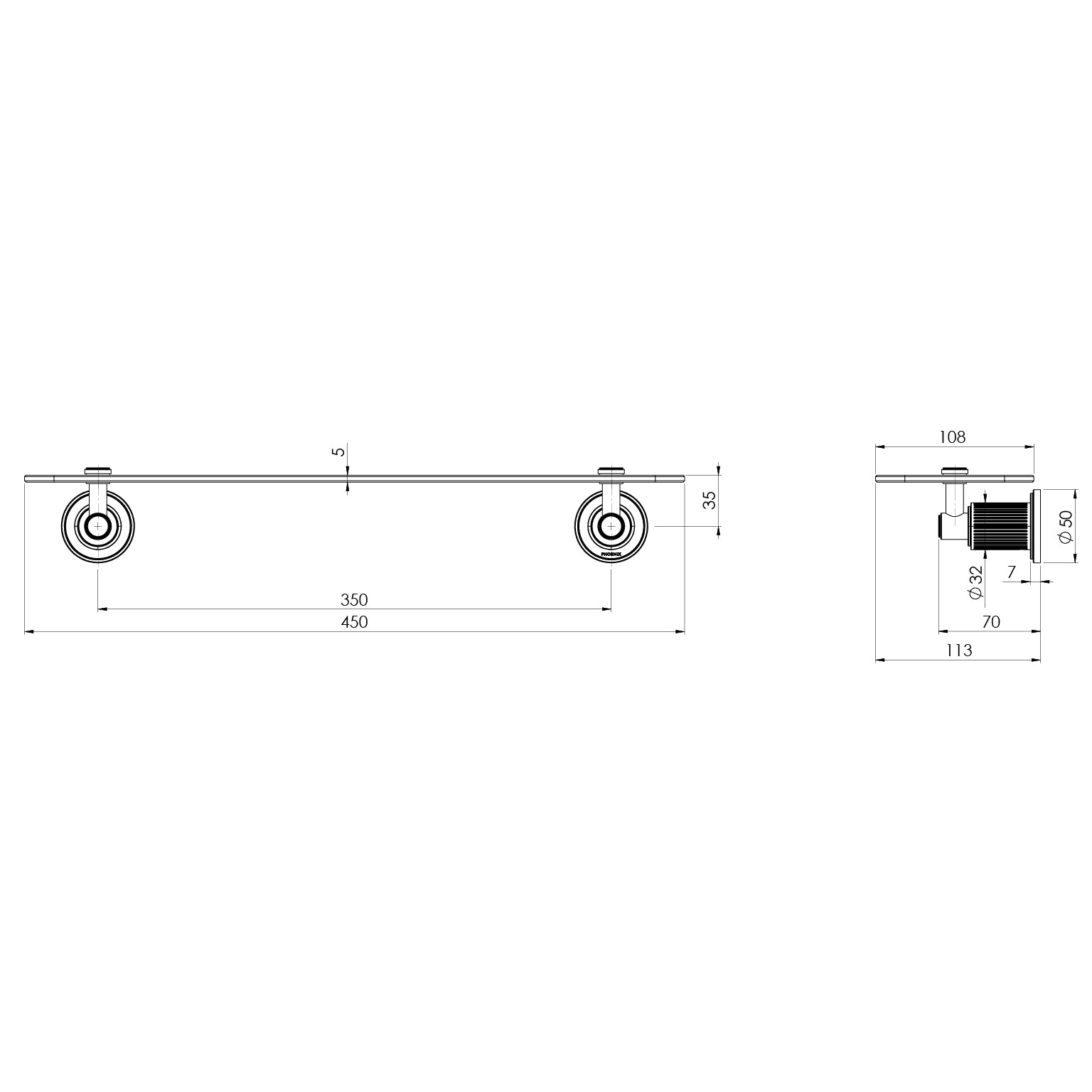 Phoenix Wiltern Glass Shelf 450mm Brushed Gold