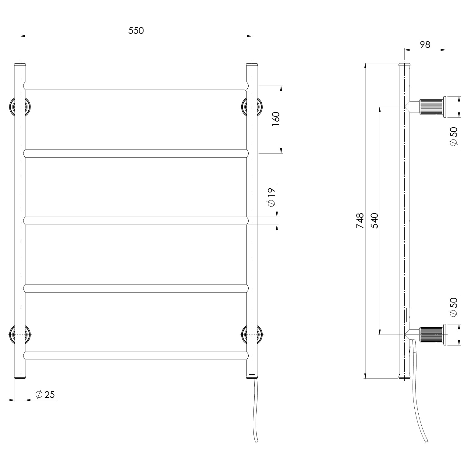 Phoenix Wiltern Heated Towel Ladder 550mm x 750mm Brushed Carbon