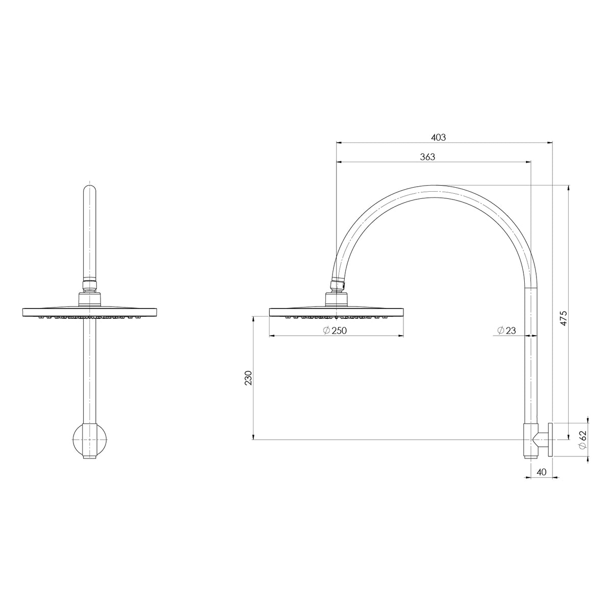 Phoenix Vivid MKII High-Rise Shower Arm and Rose 250mm Brushed Gold
