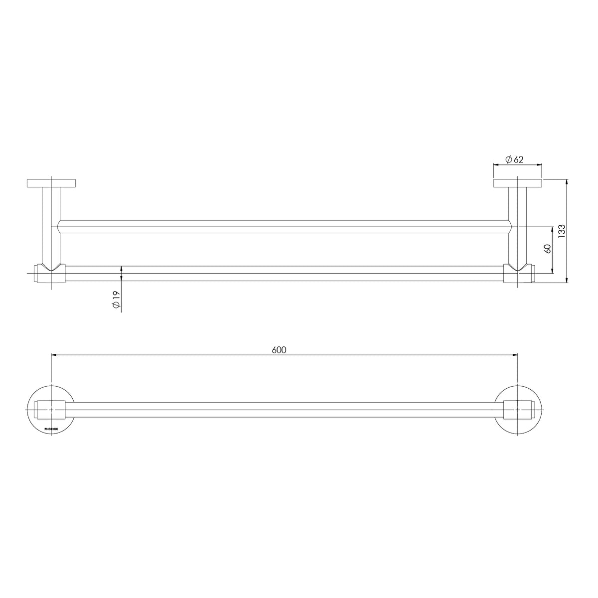 Phoenix Vivid MKII Double Towel Rail 600mm Brushed Gold