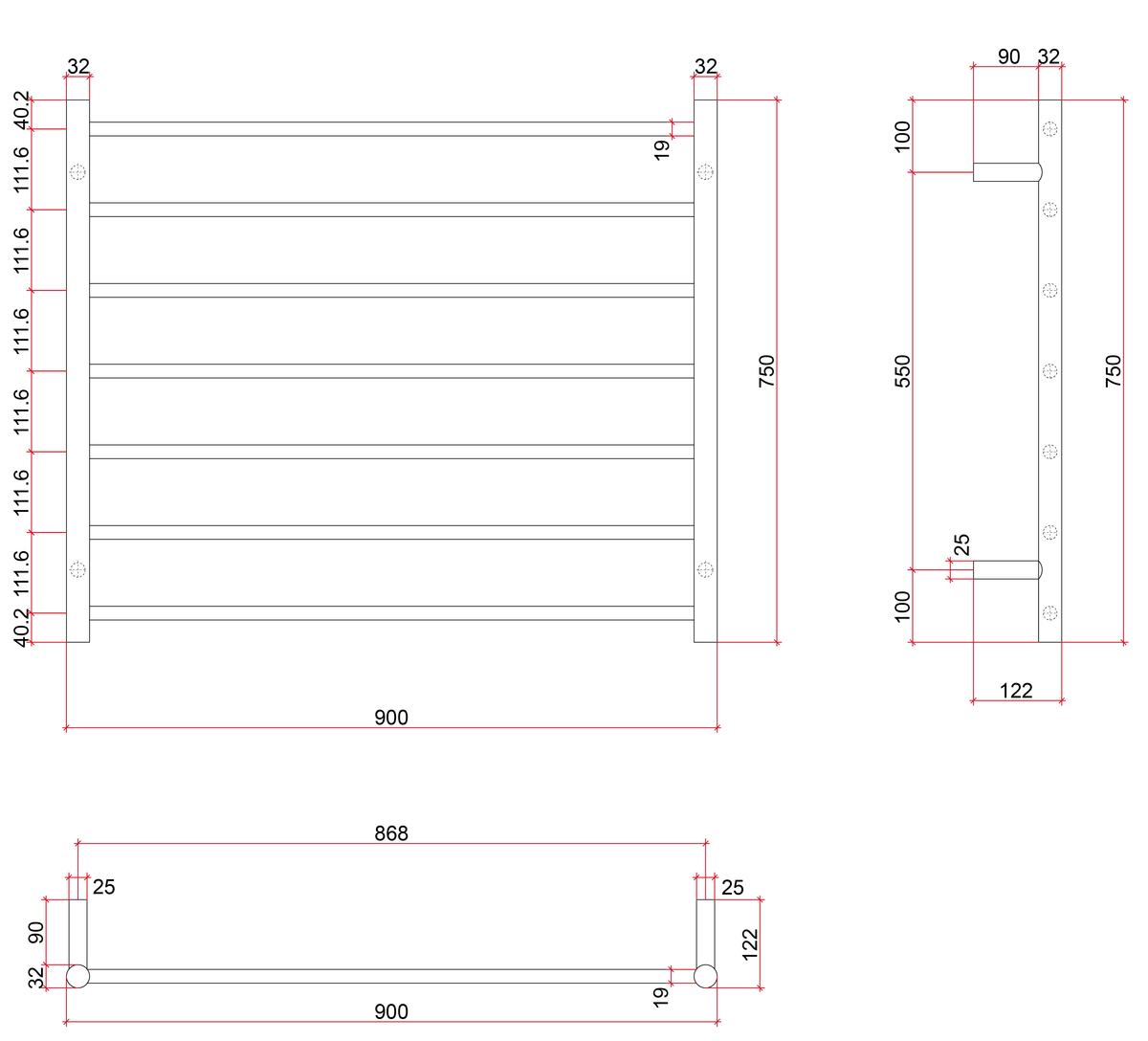 Thermogroup Thermorail 240V Straight Round Ladder Heated Towel Rail Polished Stainless Steel