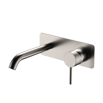 Fienza Kaya Wall Basin/Bath Mixer Set Rectangular Plate 160mm Brushed Nickel