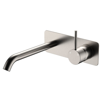 Fienza Kaya Up Basin/Bath Wall Mixer Set Rectangular Plate 200mm Brushed Nickel