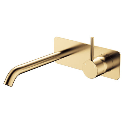 Fienza Kaya Up Basin/Bath Wall Mixer Set Rectangular Plate 200mm Urban Brass