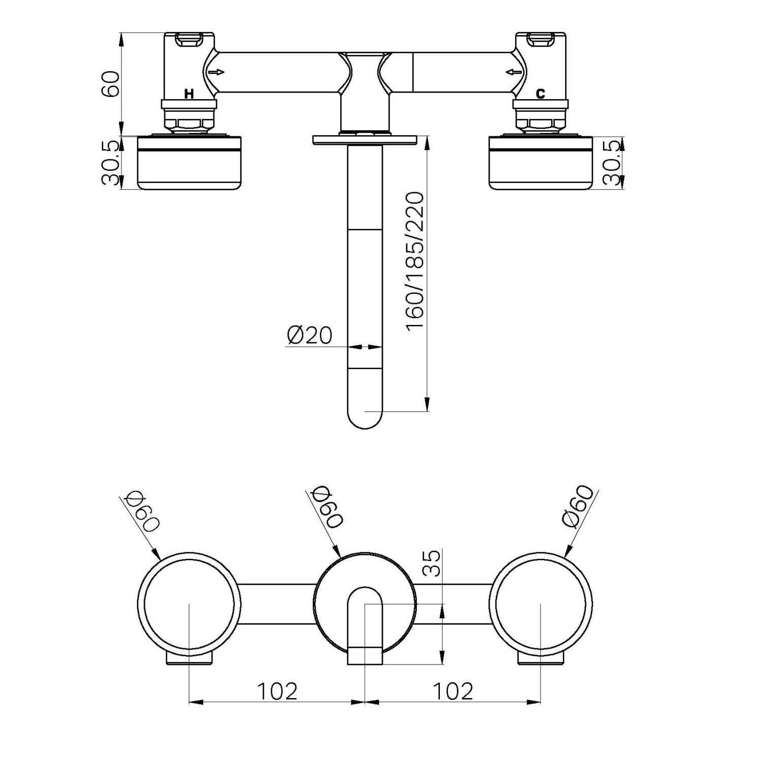 Nero Serenity Wall Basin Set 160/185/220mm Spout With Nero Marquina Handles Brushed Nickel