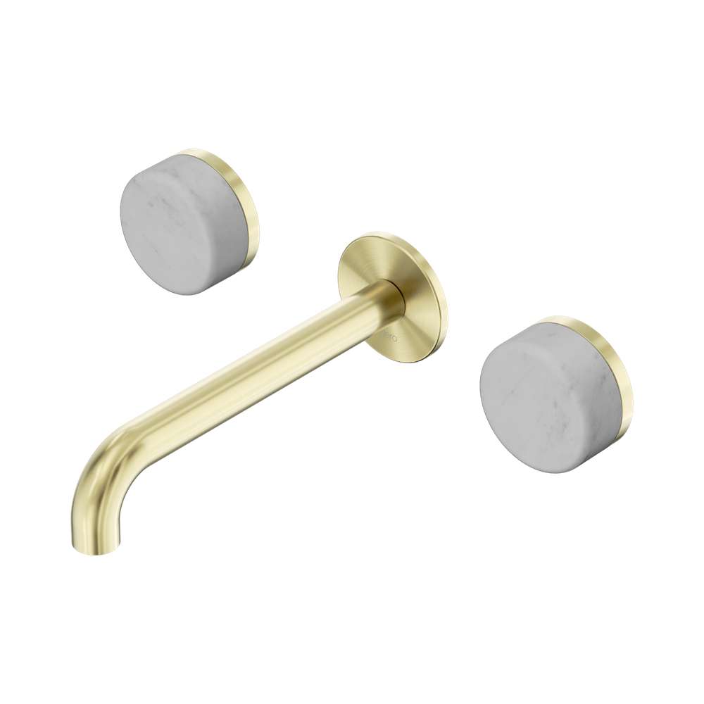 Nero Serenity Wall Basin Set 160/185/220mm Spout With Carrara Handles Brushed Gold
