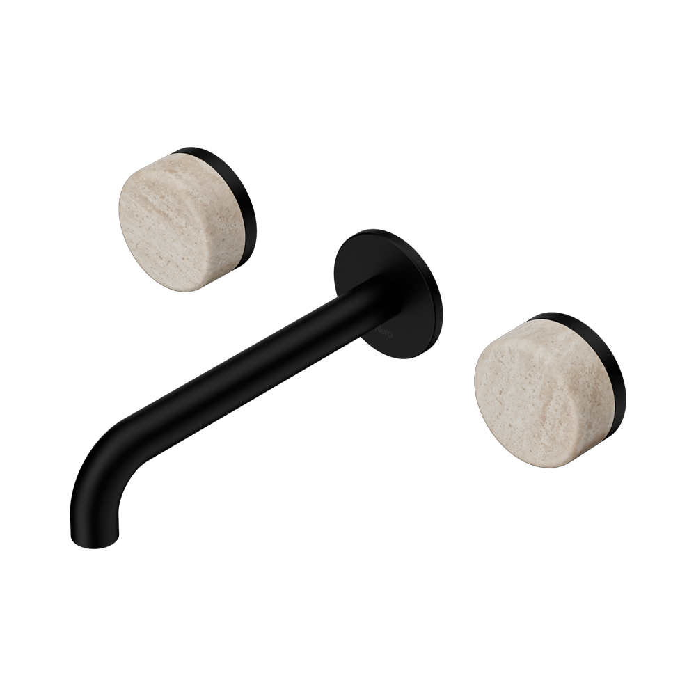 Nero Serenity Wall Basin Set 160/185/220mm Spout With Rome Travertine Handles Matte Black