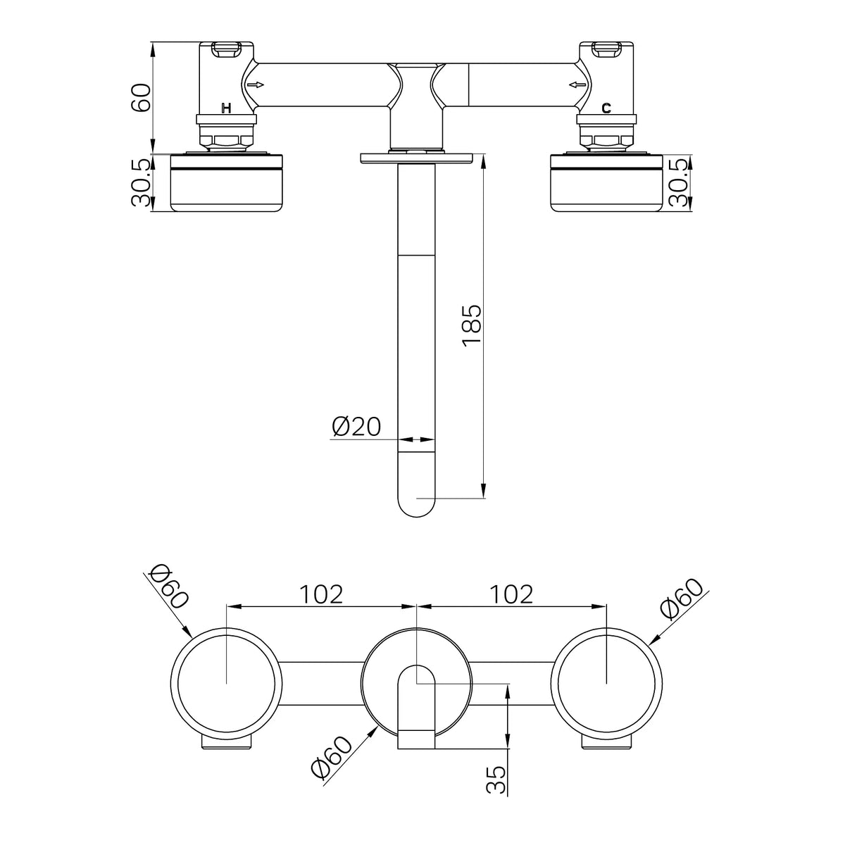 Nero Serenity Wall Basin Set 185mm Spout With Rome Travertine Handle technical drawing