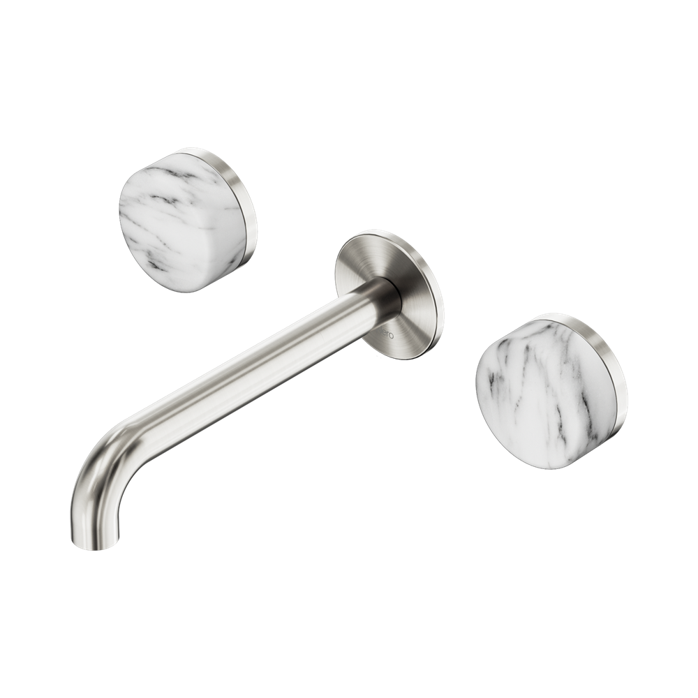 Nero Serenity Wall Basin Set 160/185/220mm Spout With Arabescato Corchia Handles Brushed Nickel