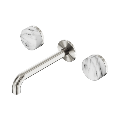 Nero Serenity Wall Basin Set 160/185/220mm Spout With Arabescato Corchia Handles Brushed Nickel