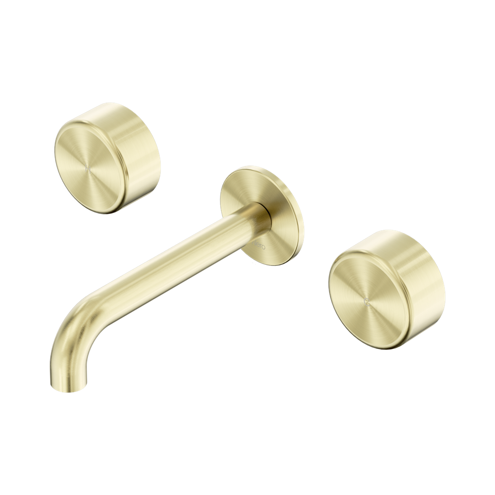 Nero Serenity Wall Basin Set 160/185/220mm Spout With Nero Metal Handles Brushed Gold