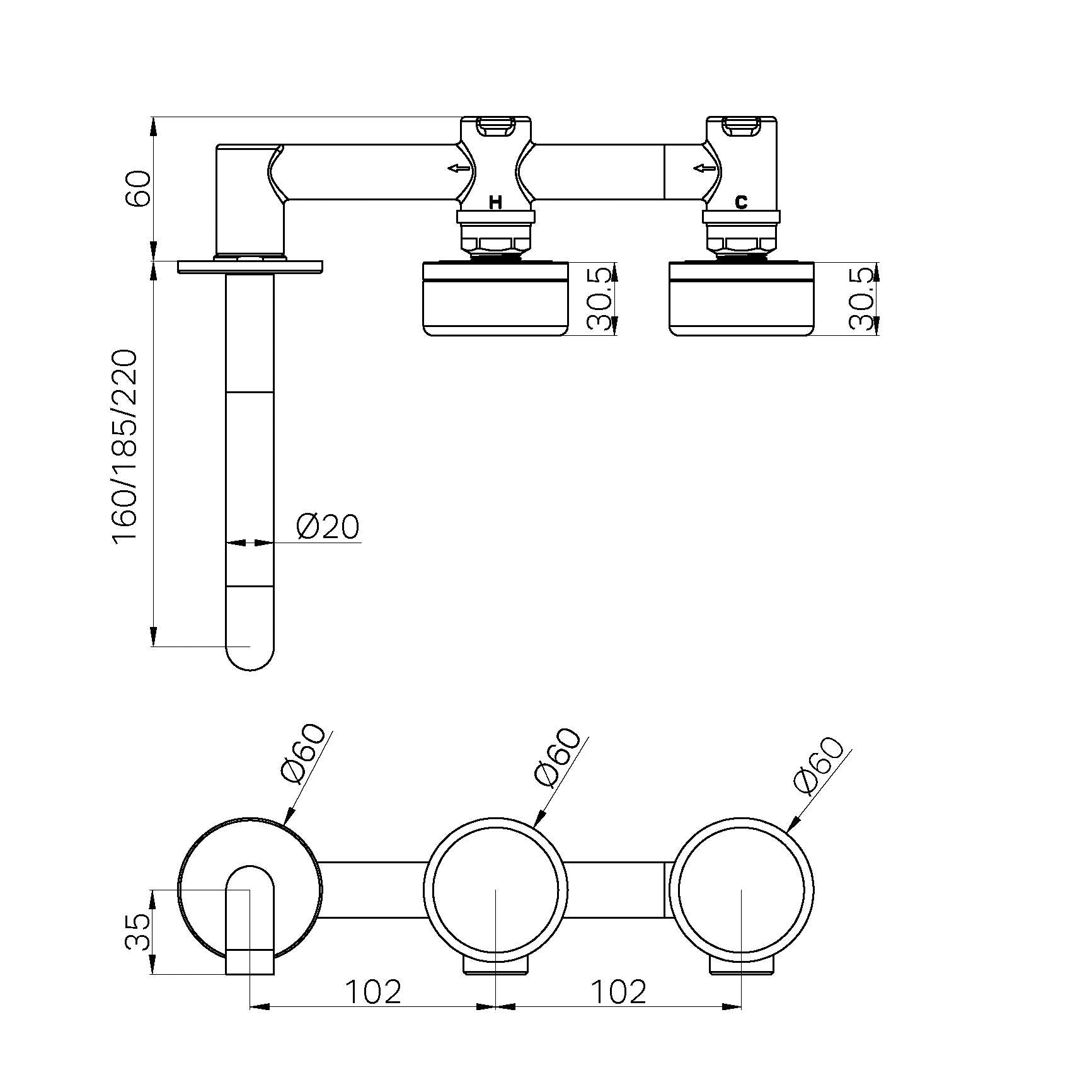 Nero Serenity Wall Basin/Bath Set 160/185/220mm Offset Spout With Metal Handles Brushed Bronze