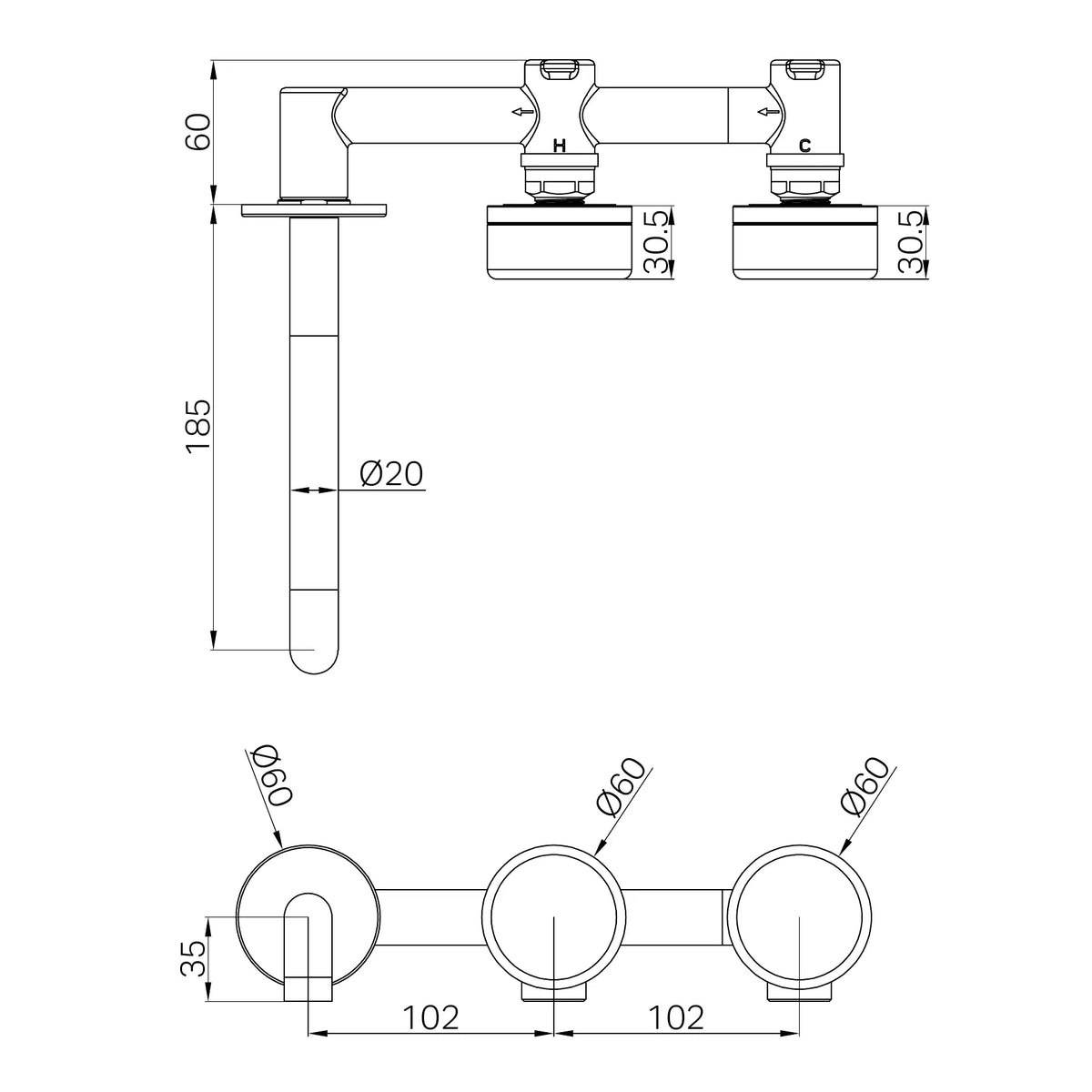 Nero Serenity Wall Basin Set 185mm Offset Spout With Verde Alpi Handle technical drawing