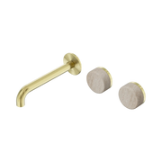 Nero Serenity Wall Basin Set 185mm Offset Spout With Rome Travertine Handle - Brushed Gold