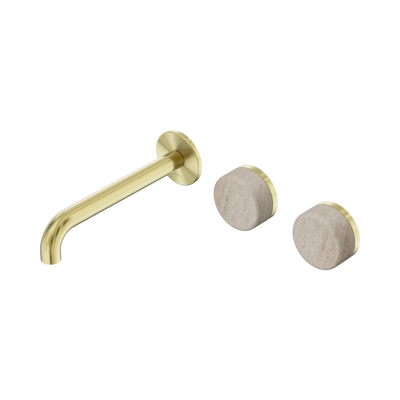 Nero Serenity Wall Basin Set 185mm Offset Spout With Rome Travertine Handle - Brushed Gold
