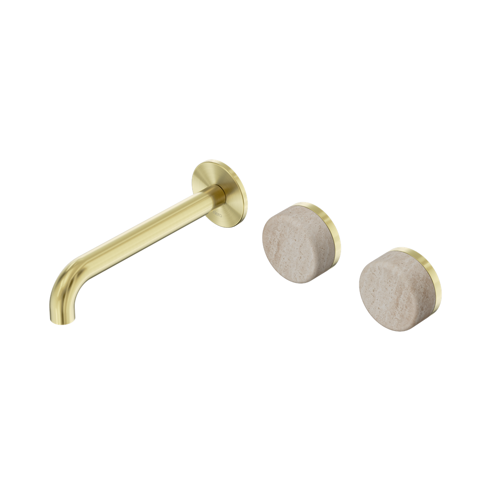 Nero Serenity Wall Basin/Bath Set 160/185/220mm Offset Spout With Rome Travertine Handles Brushed Gold