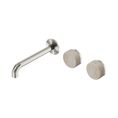 Nero Serenity Wall Basin Set 185mm Offset Spout With Rome Travertine Handle - Brushed Nickel
