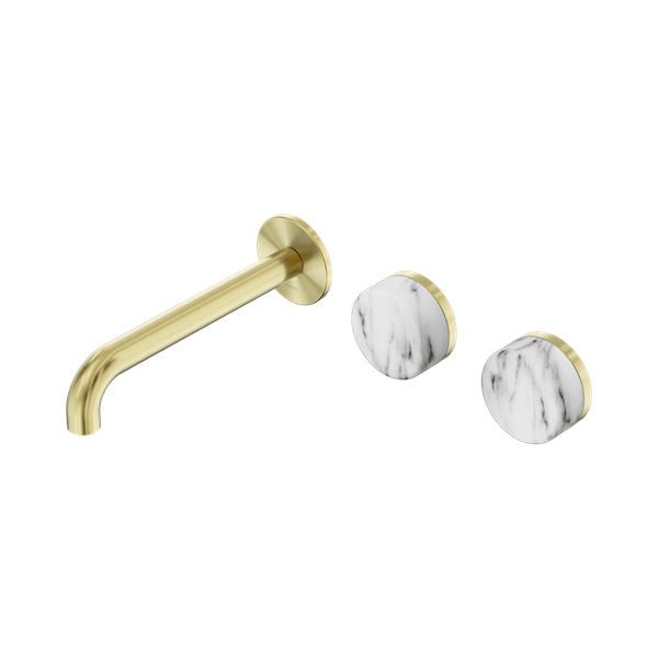 Nero Serenity Wall Basin/Bath Set 160/185/220mm Offset Spout With Arabescato Corchia Handles Brushed Gold