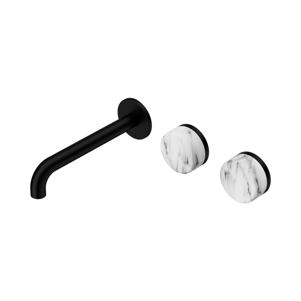 Nero Serenity Wall Basin/Bath Set 160/185/220mm Offset Spout With Arabescato Corchia Handles Matte Black