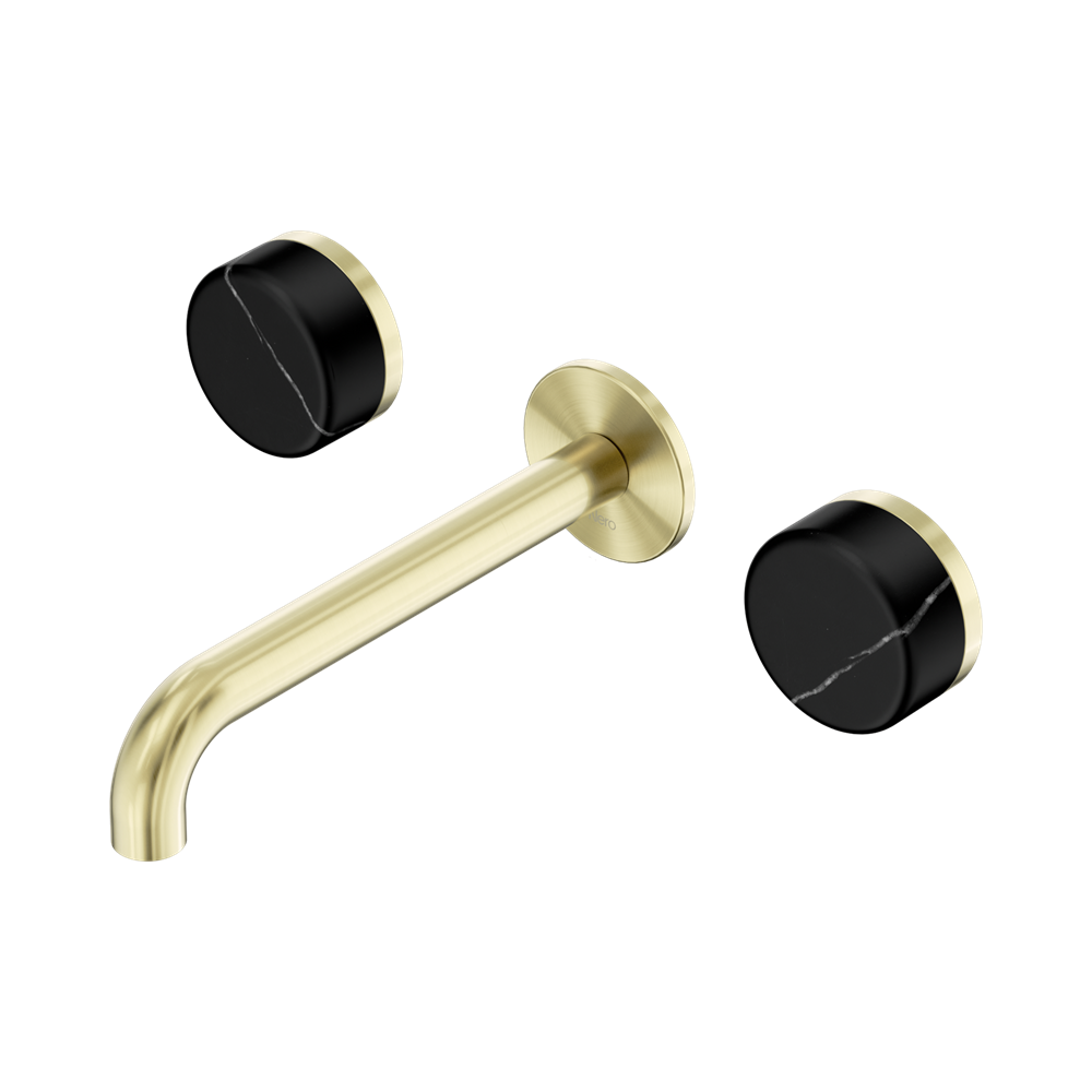 Nero Serenity Wall Basin Set 160/185/220mm Spout With Nero Marquina Handles Brushed Gold