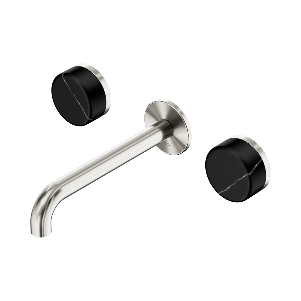 Nero Serenity Wall Basin Set 160/185/220mm Spout With Nero Marquina Handles Brushed Nickel