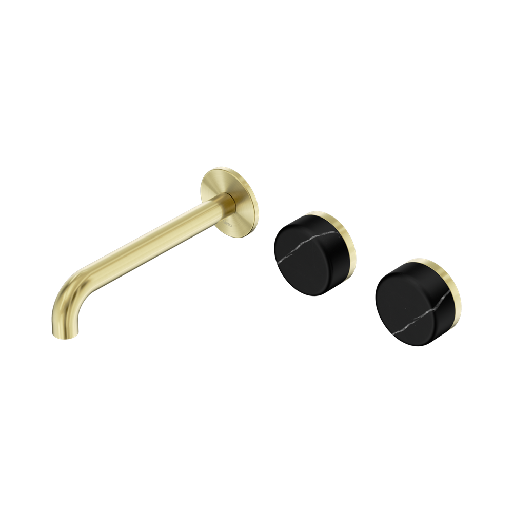 Nero Serenity Wall Basin/Bath Set 160/185/220mm Offset Spout With Marquina Black Handles Brushed Gold