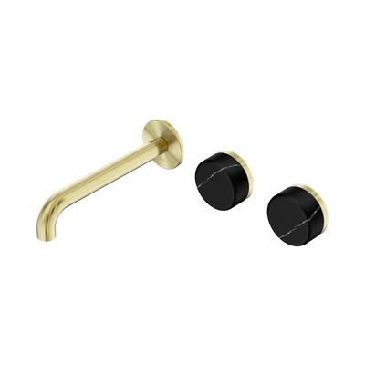 Nero Serenity Wall Basin/Bath Set 160/185/220mm Offset Spout With Marquina Black Handles Brushed Gold