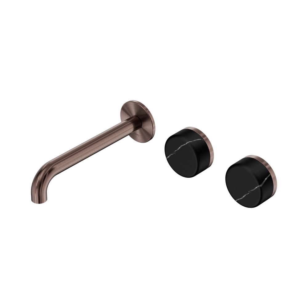 Nero Serenity Wall Basin/Bath Set 160/185/220mm Offset Spout With Marquina Black Handles Brushed Bronze