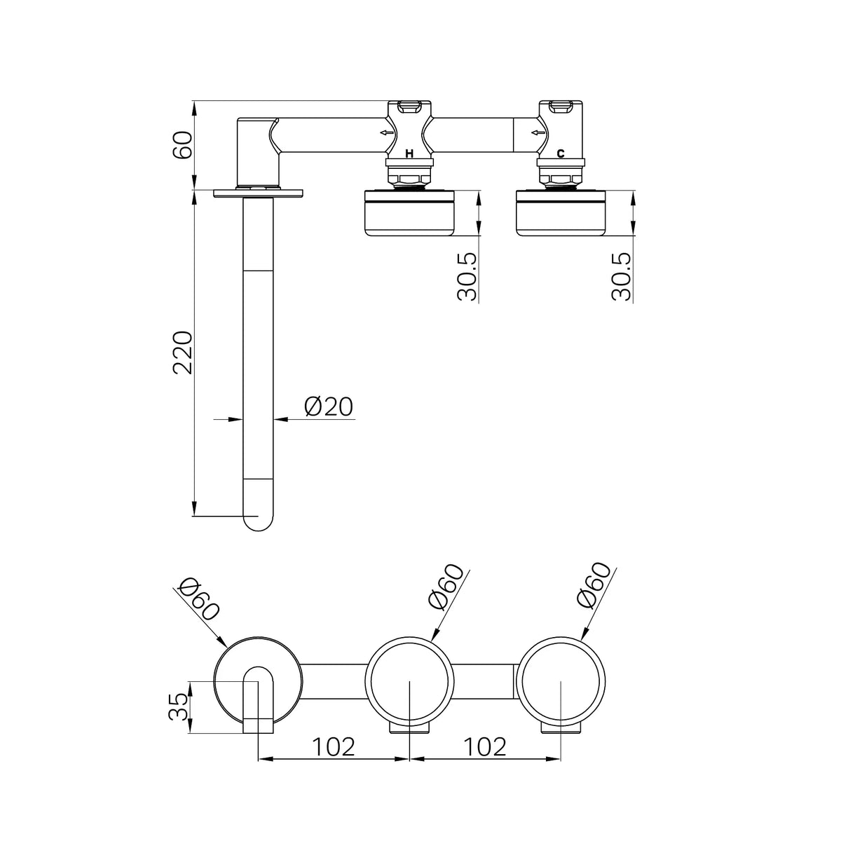 Nero Serenity Wall Basin Set 220mm Offset Spout With Marquina Black Handle technical drawing