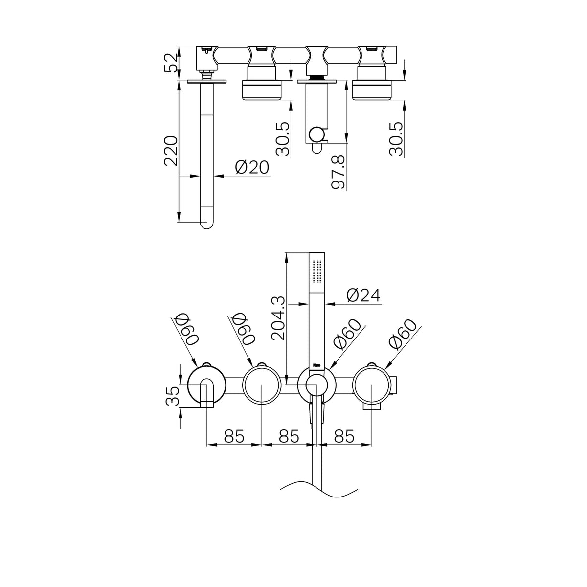 Nero Serenity Progressive Shower System With Spout With Carrara Handle And Slim Shower technical drawing
