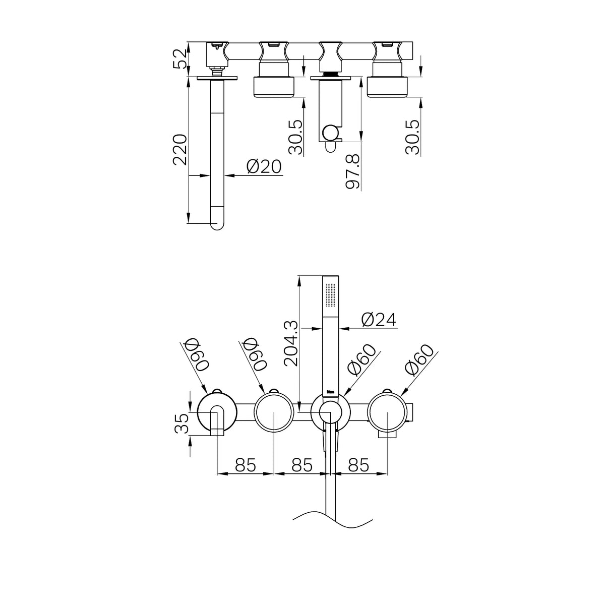 Nero Serenity Progressive Shower System With Spout With Metal Handle And Slim Shower technical drawing