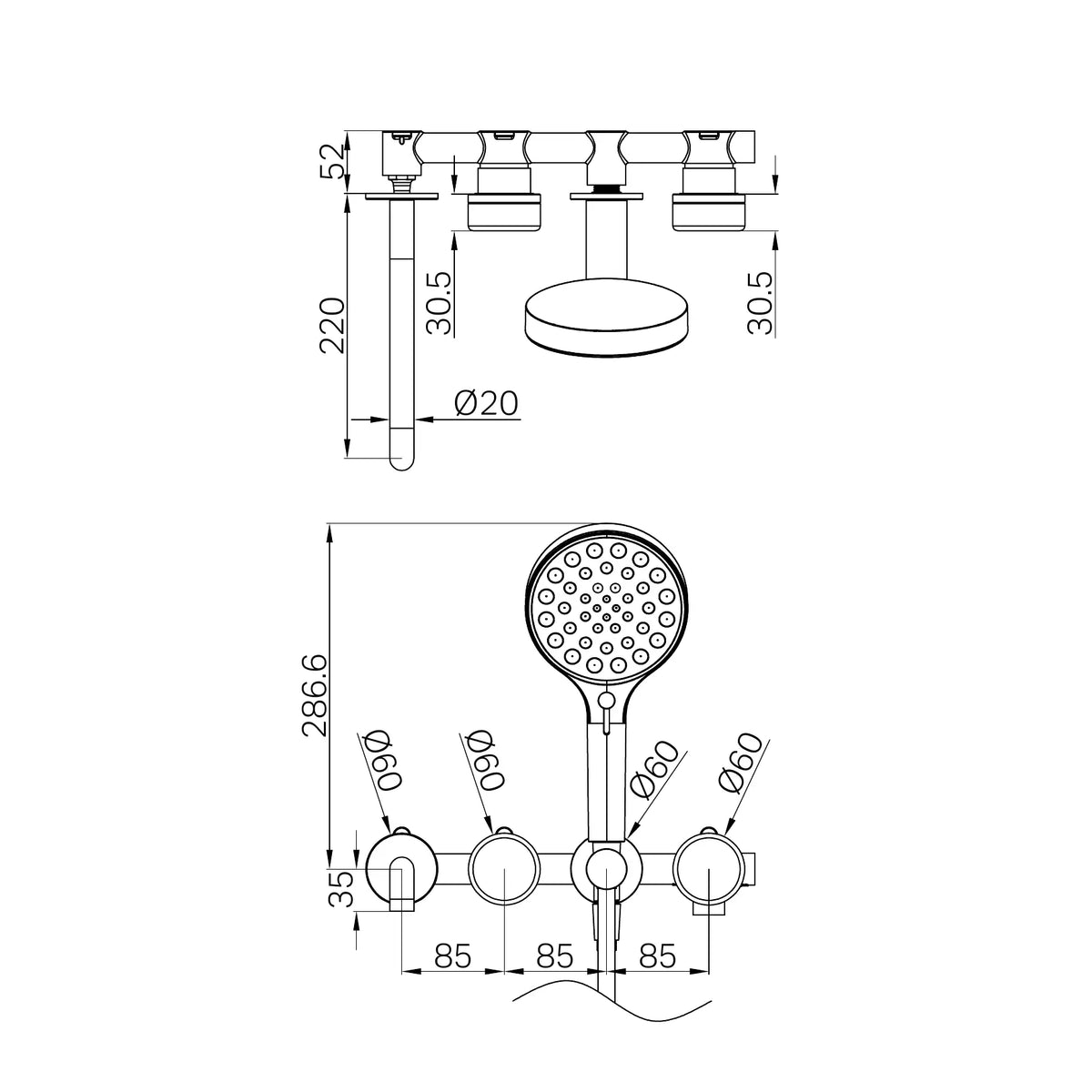 Nero Serenity Progressive Shower System With Spout With Carrara Handle And Serenity Hand Shower technical drawing