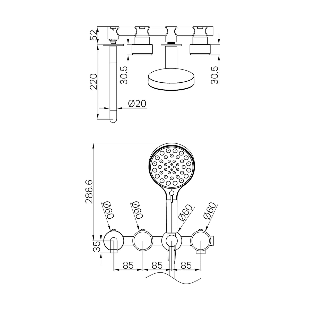Nero Serenity Progressive Shower System With Spout With Metal Handle And Serenity Hand Shower technical drawing