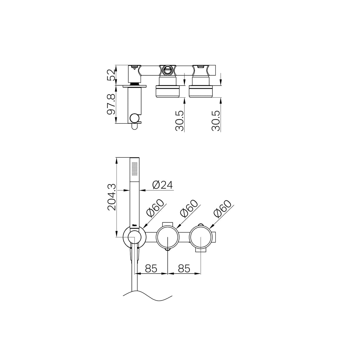 Nero Serenity Progressive Shower System With Carrara Handle And Slim Shower technical drawing