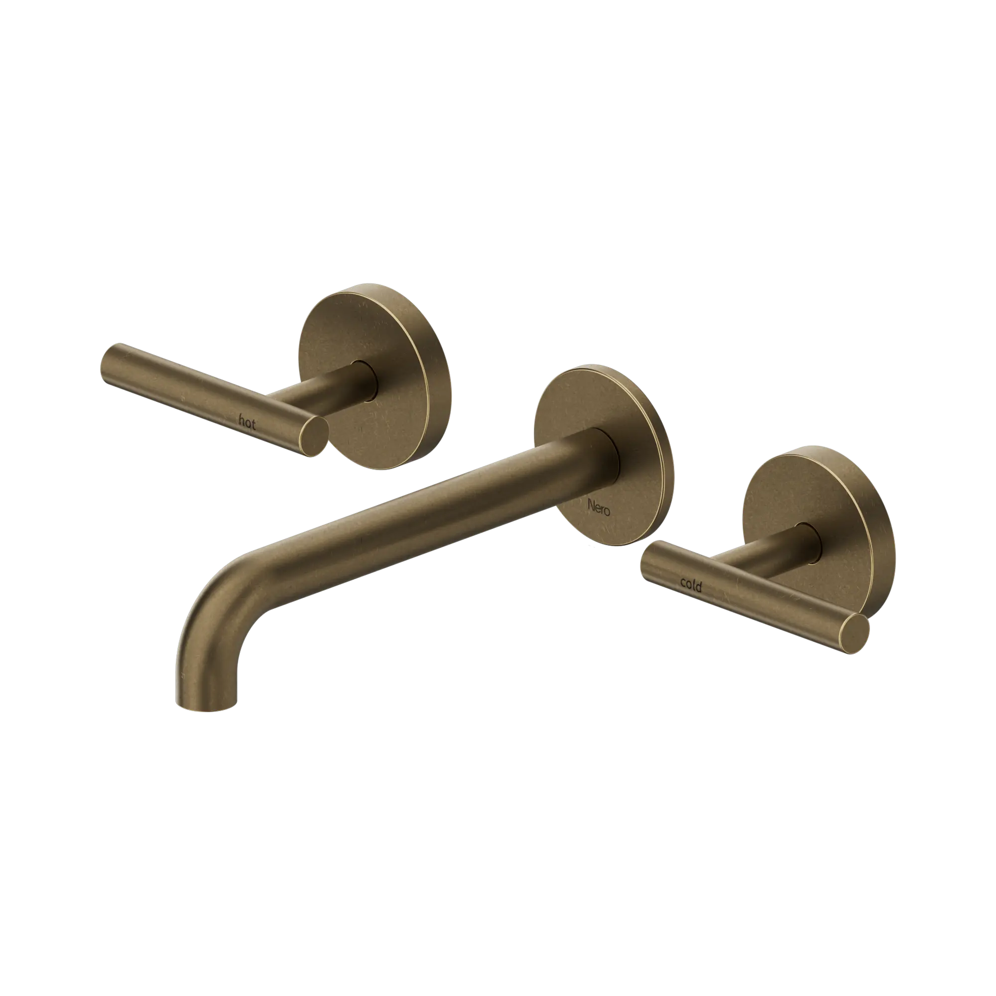 Nero Mecca Lever Wall Basin/Bath Set 185mm Spout Tumbled Antique Brass
