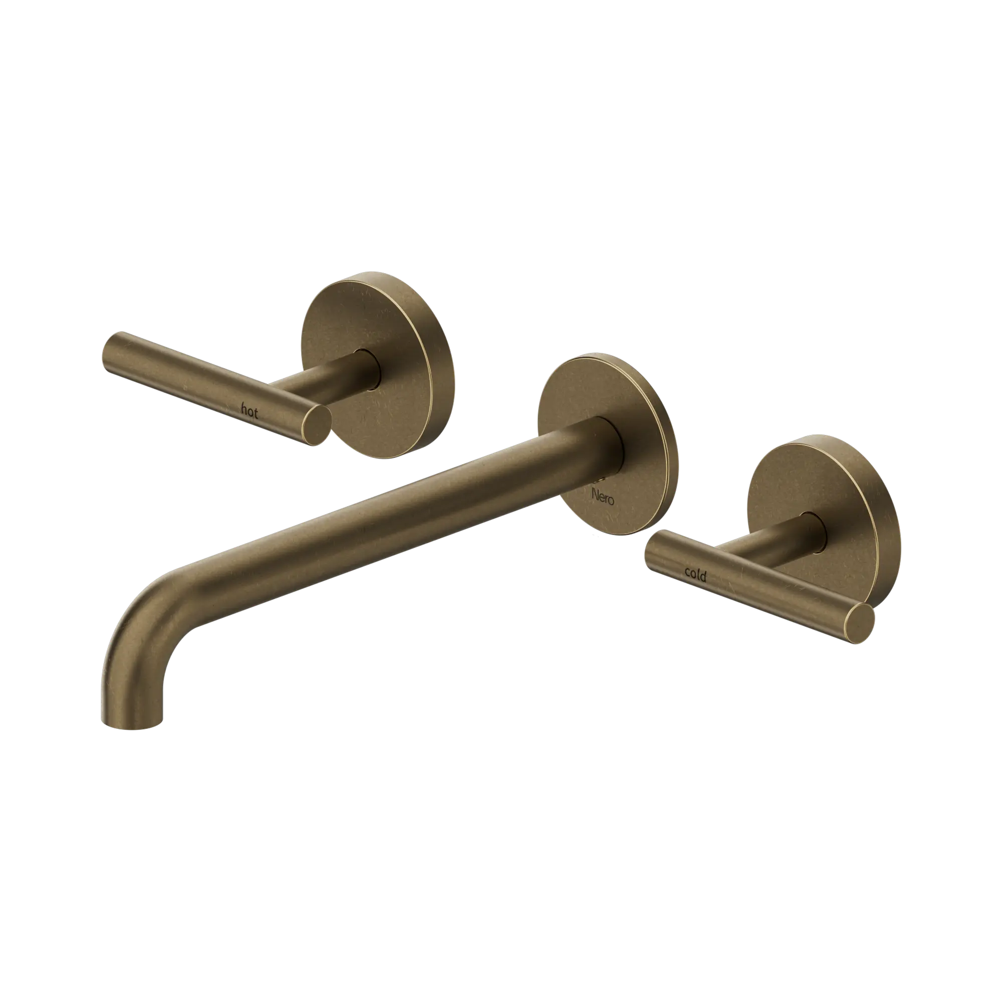 Nero Mecca Lever Wall Basin/Bath Set 220mm Spout Tumbled Antique Brass