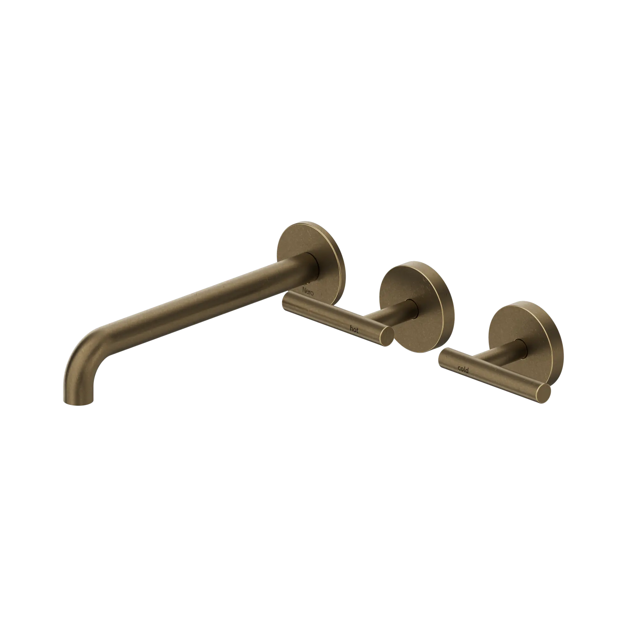 Nero Mecca Lever Wall Basin/Bath Set 220mm Offset Spout Tumbled Antique Brass