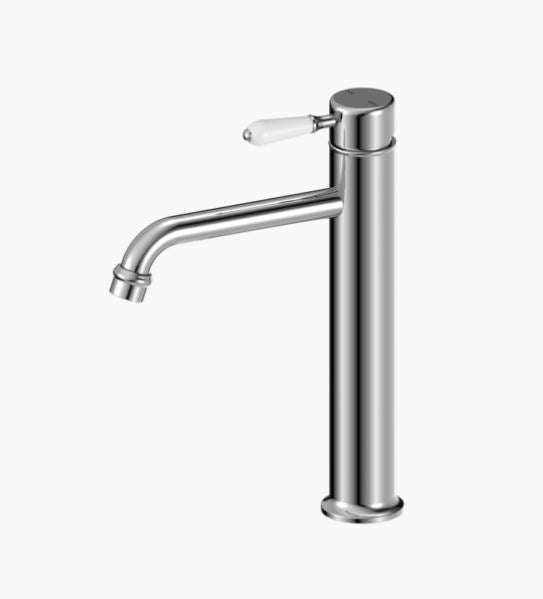 NERO YORK STRAIGHT TALL BASIN MIXER WITH WHITE PORCELAIN LEVER