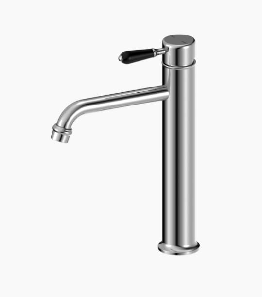 NERO YORK STRAIGHT TALL BASIN MIXER WITH BLACK PORCELAIN LEVER CHROME