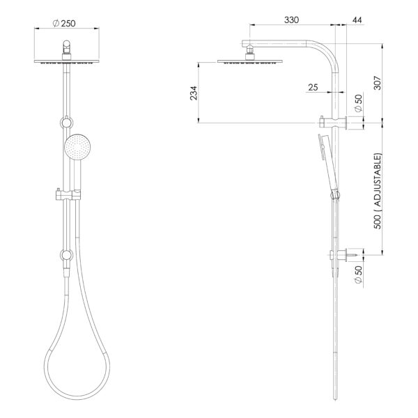 Vivid Slimline SS 316 Twin Shower - Stainless Steel specification drawing