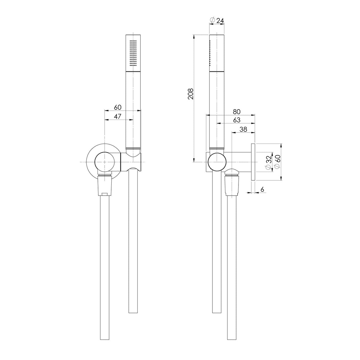 Vivid Slimline SS 316 Microphone Hand Shower - Stainless Steel specification drawing