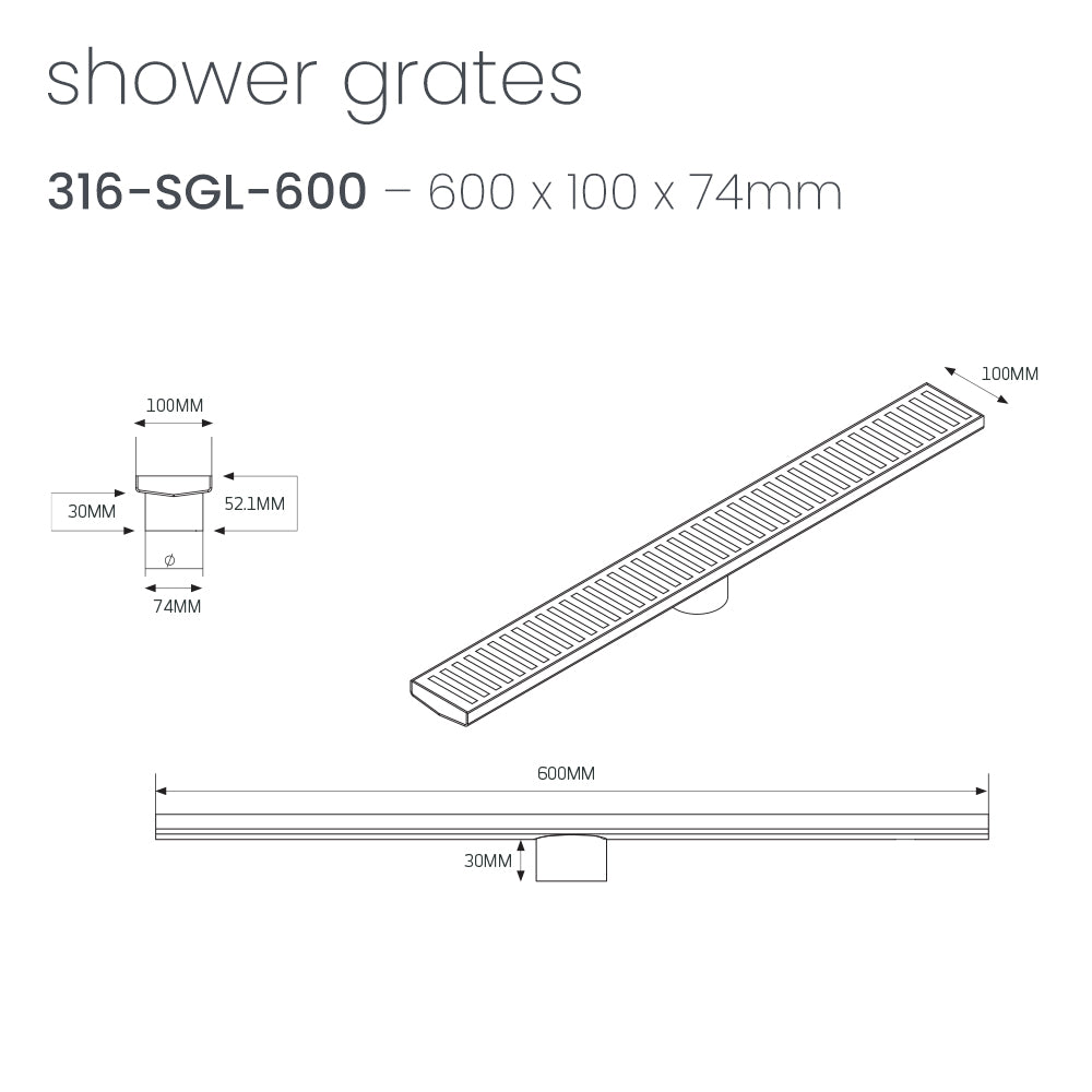 Linear Slotted Floor Grate (Brushed Satin) 100mm x 600mm (74mm Outlet)