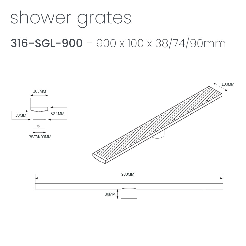 Linear Slotted Floor Grate (Brushed Satin) 100mm x 900mm (74mm Outlet)