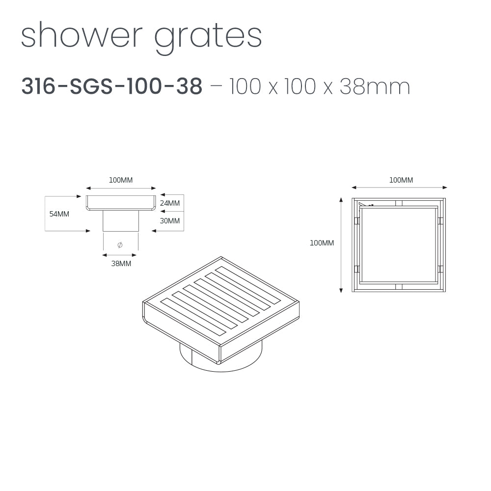 Square Slotted Floor Grate (Matt Black) 100mm x 100mm (38mm Outlet)