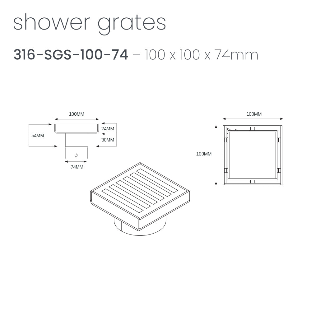 Square Slotted Floor Grate (Matt Black) 100mm x 100mm (74mm Outlet)